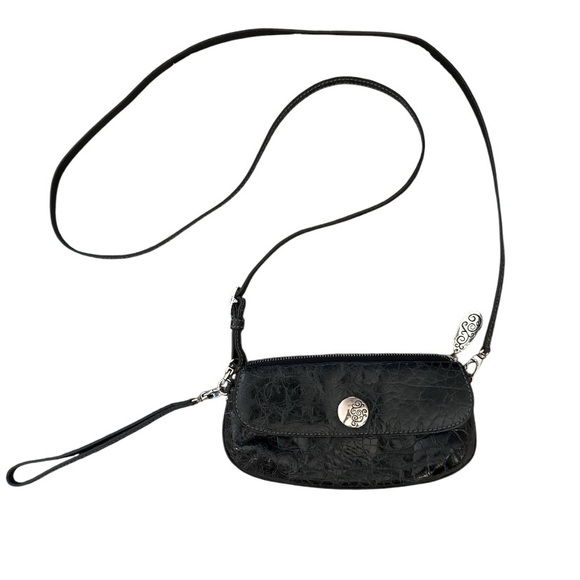 Brighton Black Crocodile Embossed Leather Crossbody Bag with Wristlet Strap - Picture 1 of 11